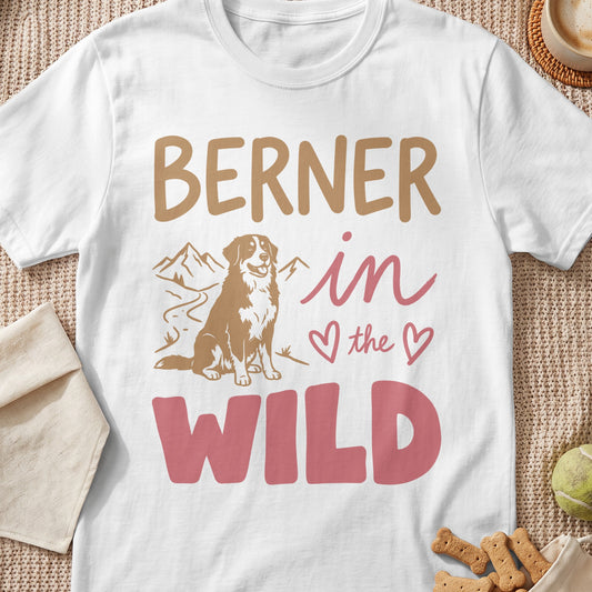 White t-shirt with brown text "BERNER in the WILD" and a dog illustration.