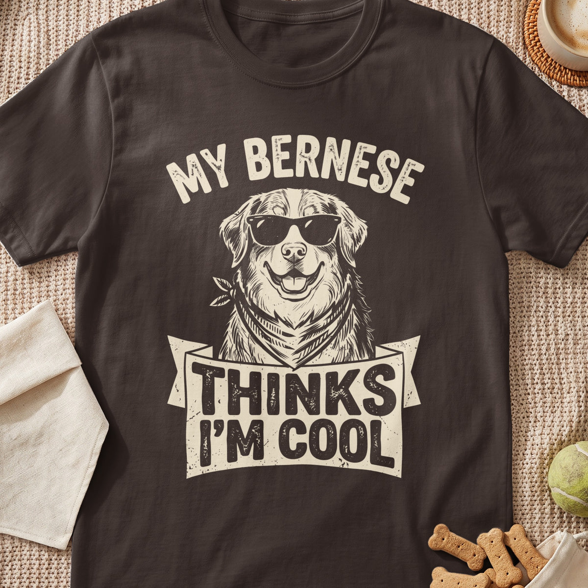 Bernese Mountain Dog wearing sunglasses and bandana, text says "My Bernese Thinks I'm Cool".