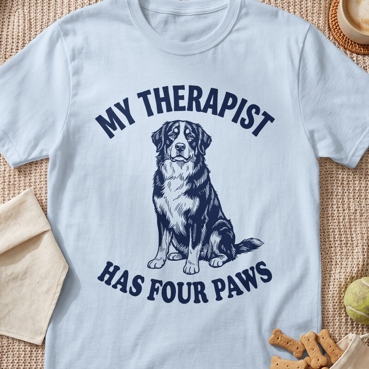 Light blue t-shirt with "MY THERAPIST HAS FOUR PAWS" and a sitting dog graphic.