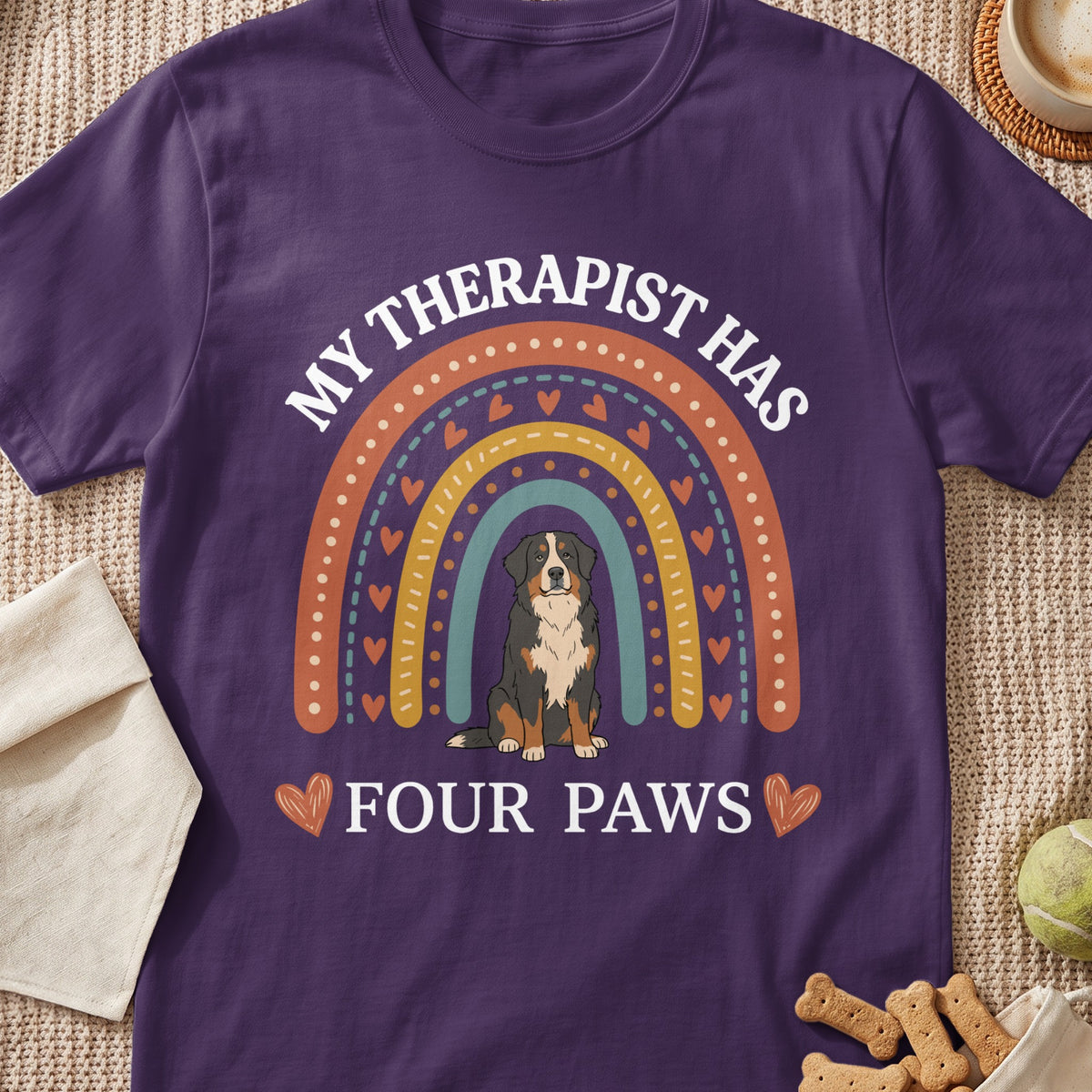 Purple t-shirt with rainbow graphic and text "MY THERAPIST HAS FOUR PAWS".