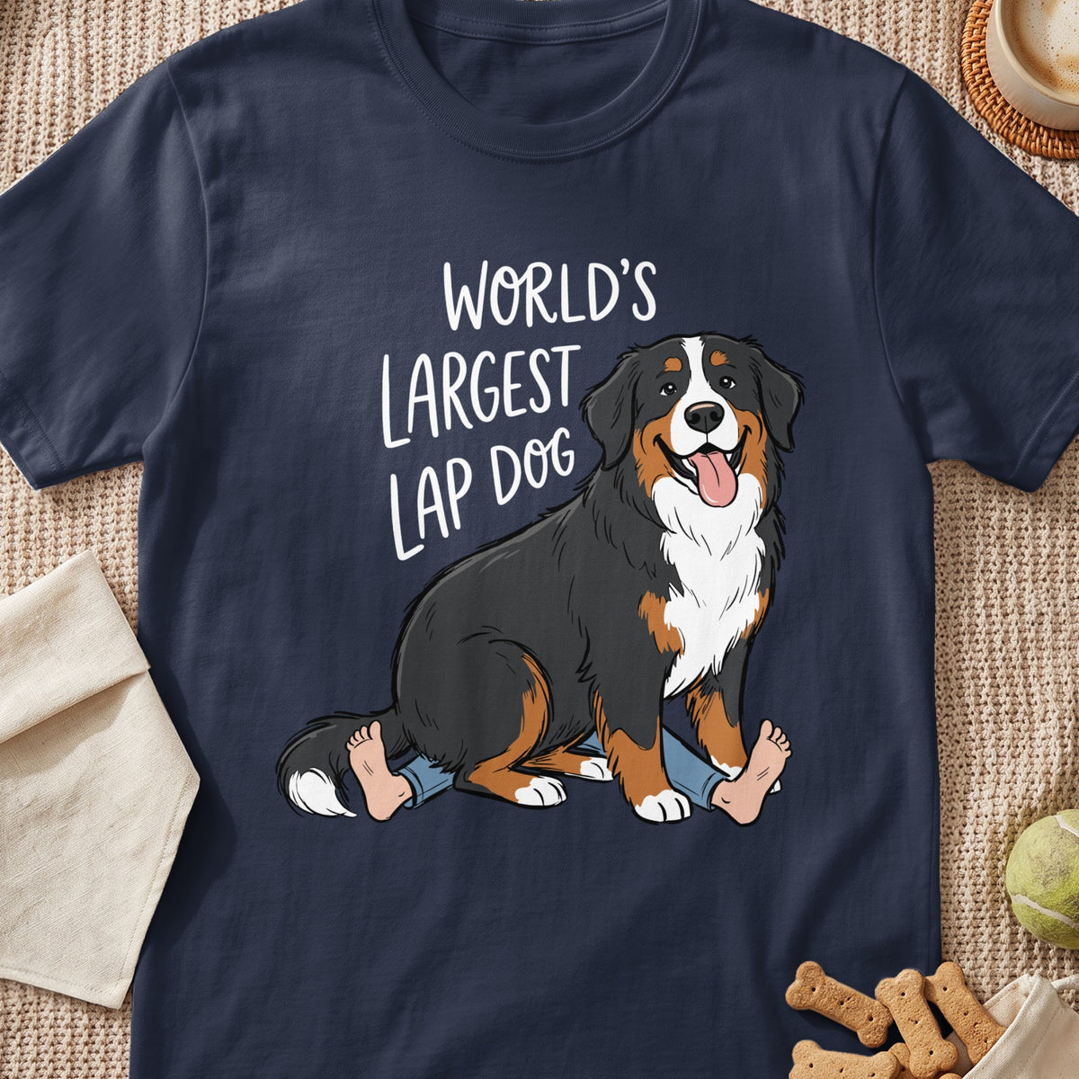 Bernese Mountain Dog sitting with legs crossed and text "WORLD'S LARGEST LAP DOG."