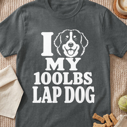 Dark grey t-shirt with white text and dog graphic: "I MY 100LBS LAP DOG"