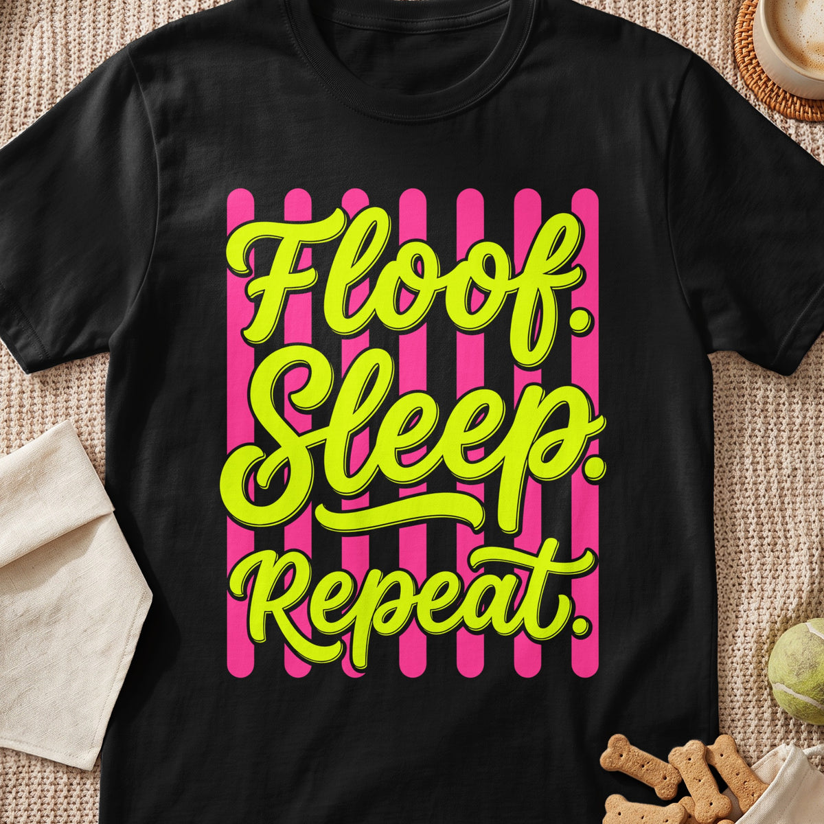 Black t-shirt with neon green text "Floof Sleep Repeat" on pink stripes.