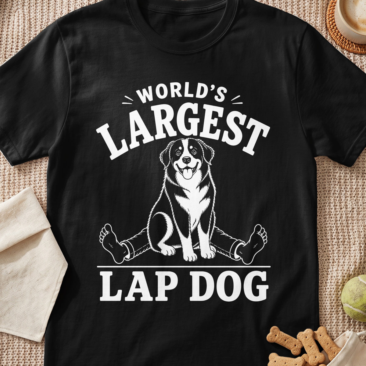 Black t-shirt with white text and illustration reading "World's Largest Lap Dog" featuring a dog.