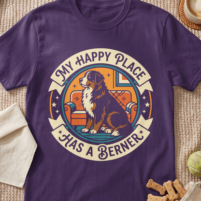 Bernese Mountain Dog sits on couch with text "MY HAPPY PLACE HAS A BERNER"