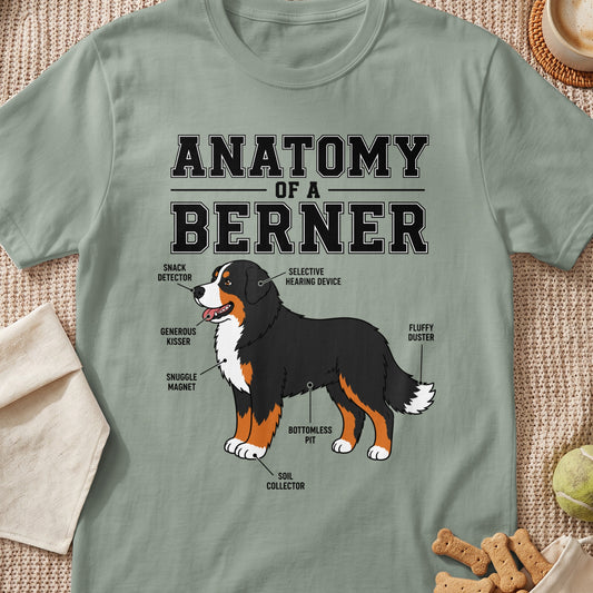 Anatomy of a Berner t-shirt with humorous labels pointing to a cartoon dog.