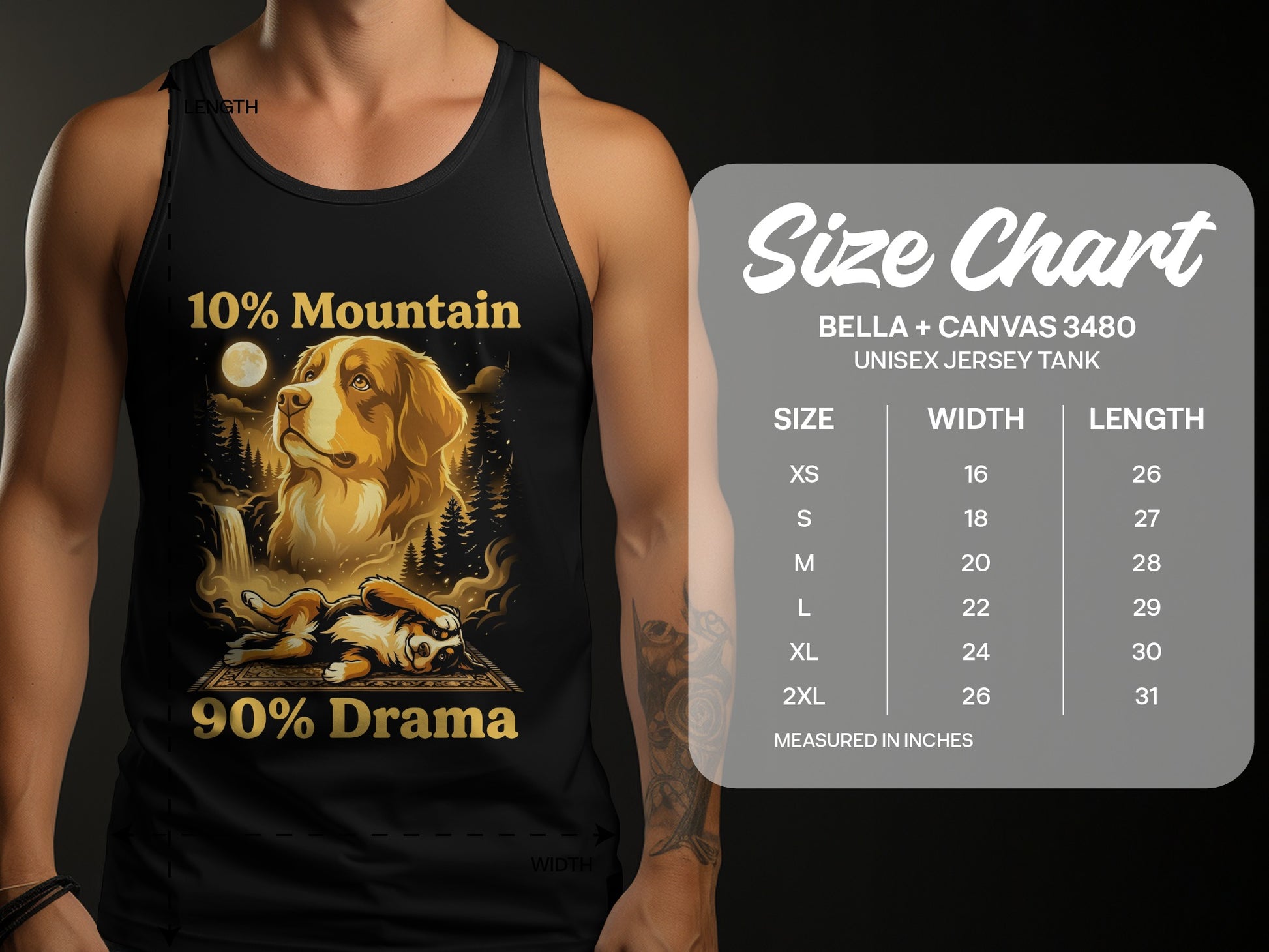 Black tank top with a golden retriever "10% Mountain 90% Drama" graphic.