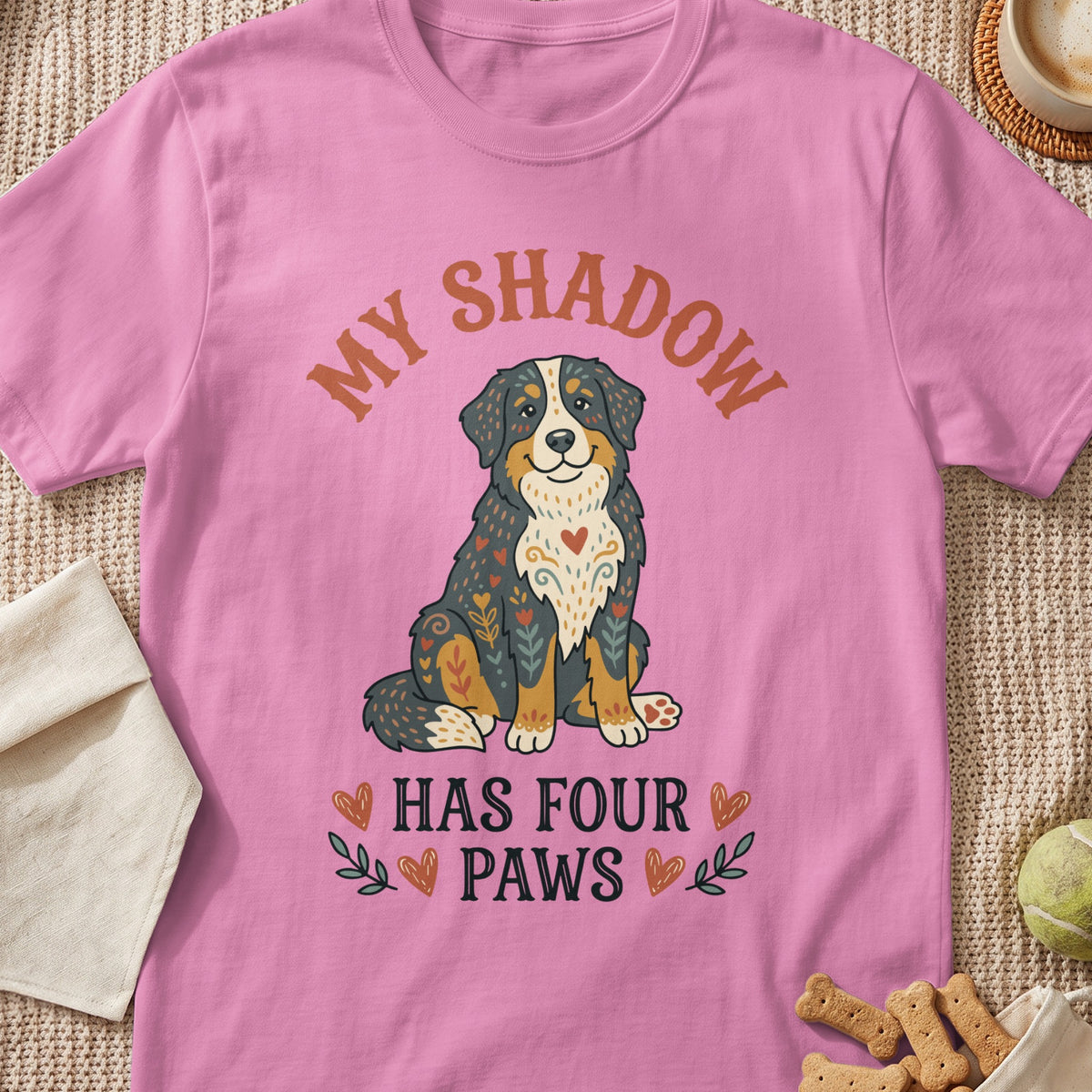 Pink t-shirt with a Bernese Mountain Dog graphic and text "MY SHADOW HAS FOUR PAWS".