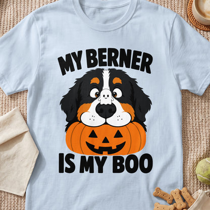 Light blue t-shirt with "MY BERNER IS MY BOO" and a Bernese Mountain Dog with a jack-o'-lantern.