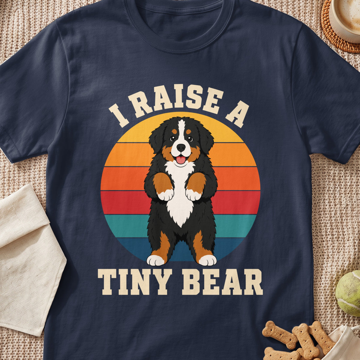 Bernese Mountain Dog with text "I RAISE A TINY BEAR" on a navy t-shirt.