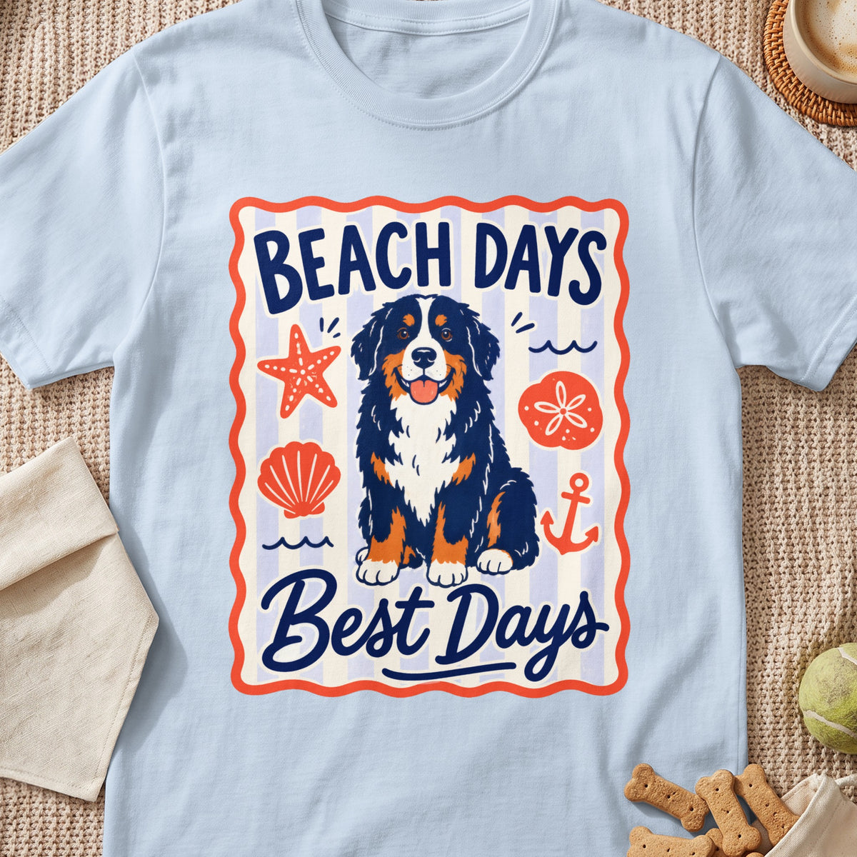 Light blue t-shirt with "Beach Days Best Days" text and a happy Bernese Mountain Dog.
