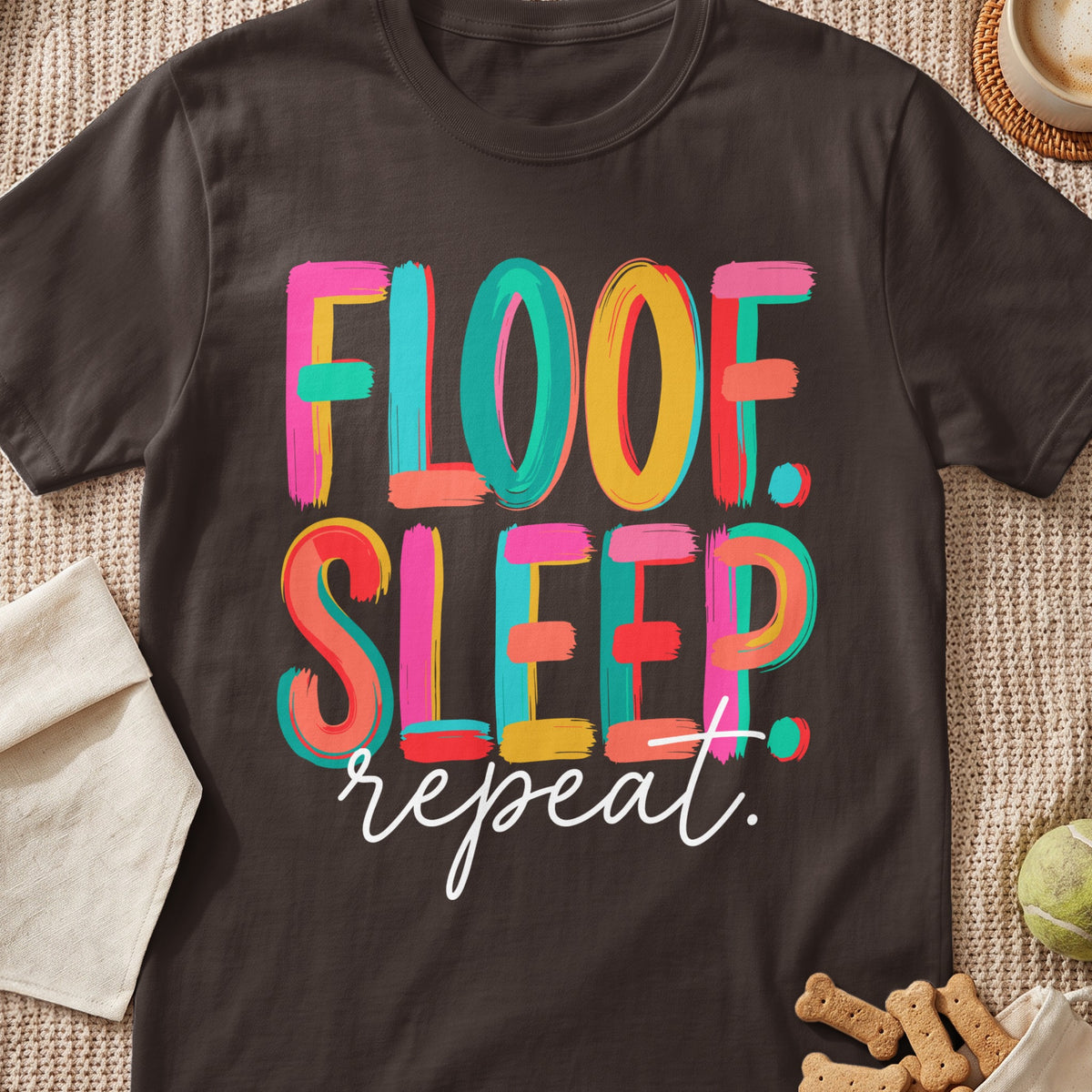 Dark t-shirt with "Floof. Sleep. Repeat." in colorful brushstroke letters.