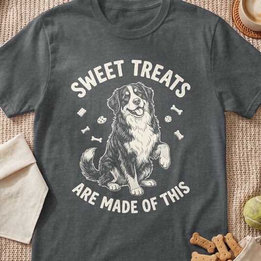 Dog with text "Sweet Treats Are Made Of This" and dog bone and cookie graphics.