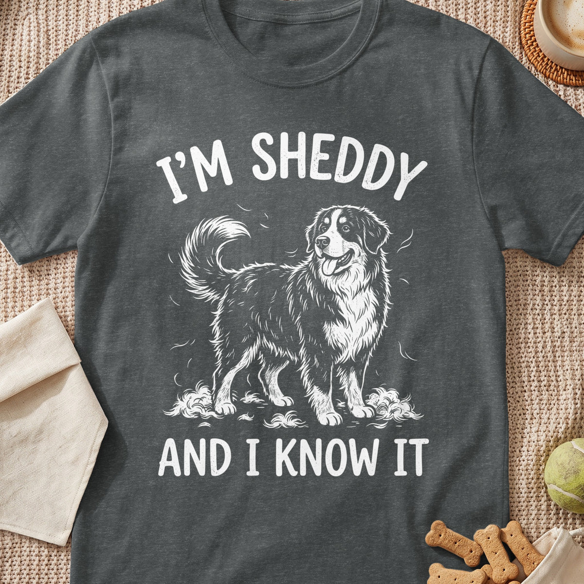 Dark gray t-shirt with "I'M SHEDDY AND I KNOW IT" and a Bernese Mountain Dog graphic.
