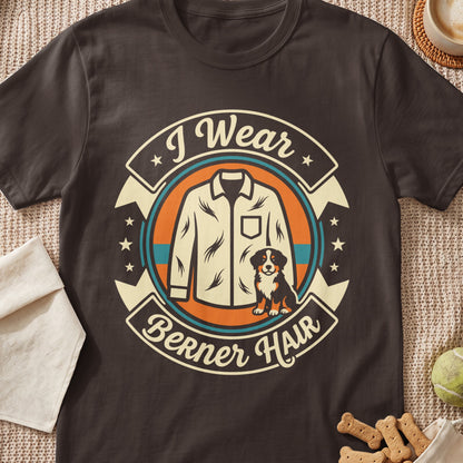 Brown t-shirt with "I Wear Berner Hair" text and a Bernese Mountain Dog.