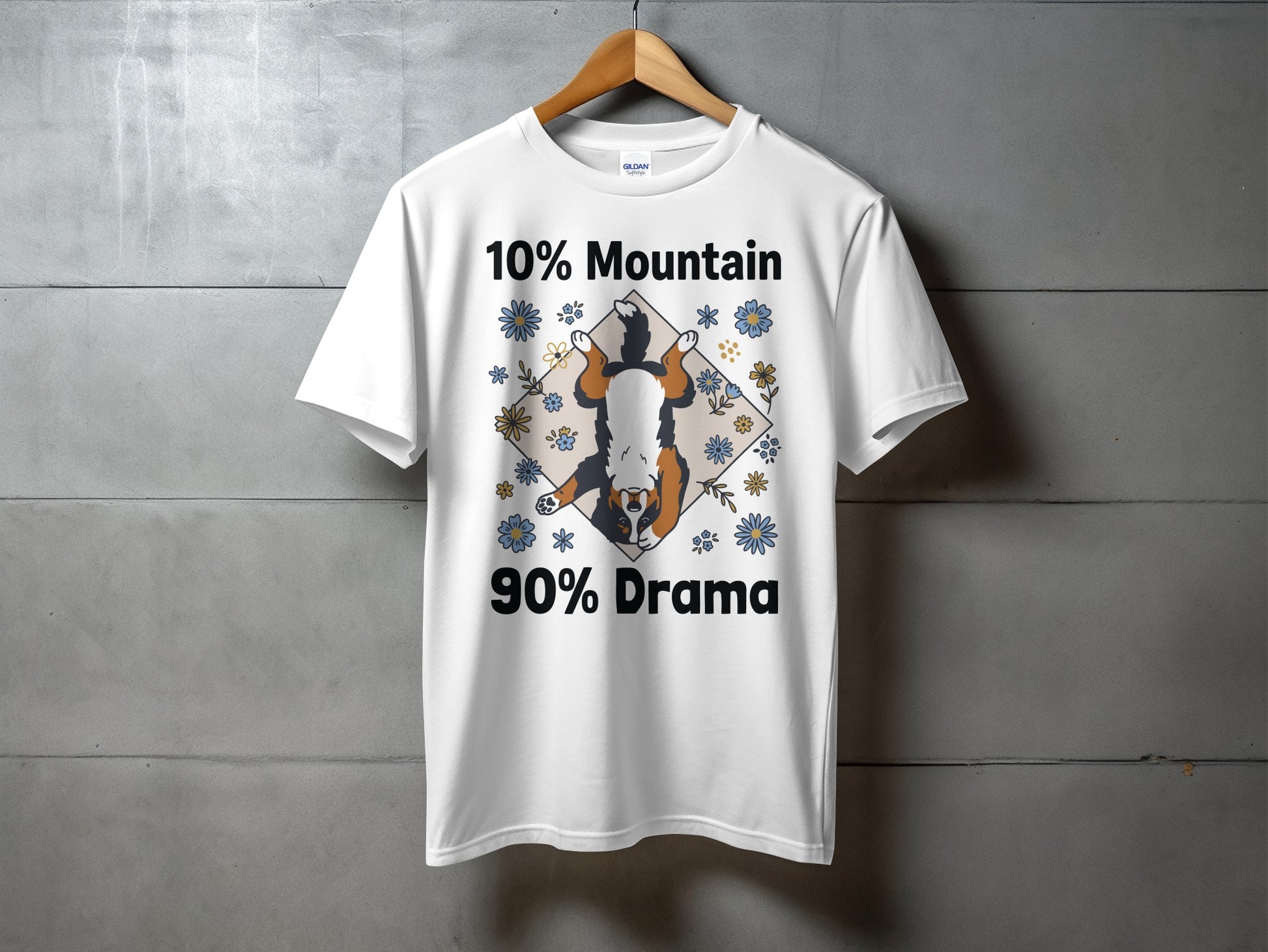 White t-shirt with "10% Mountain 90% Drama" and a Bernese Mountain Dog graphic.