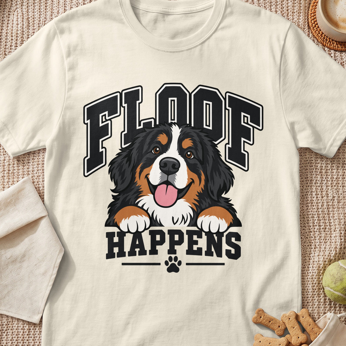 Bernese Mountain Dog graphic with text "FLOOF HAPPENS" on a cream t-shirt.
