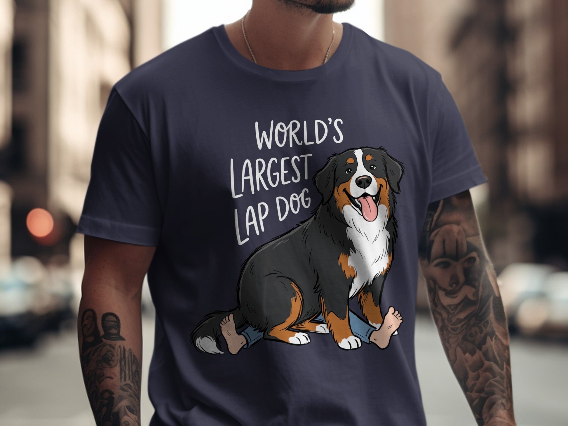 Dark t-shirt with cartoon Bernese Mountain Dog and text "World's Largest Lap Dog".