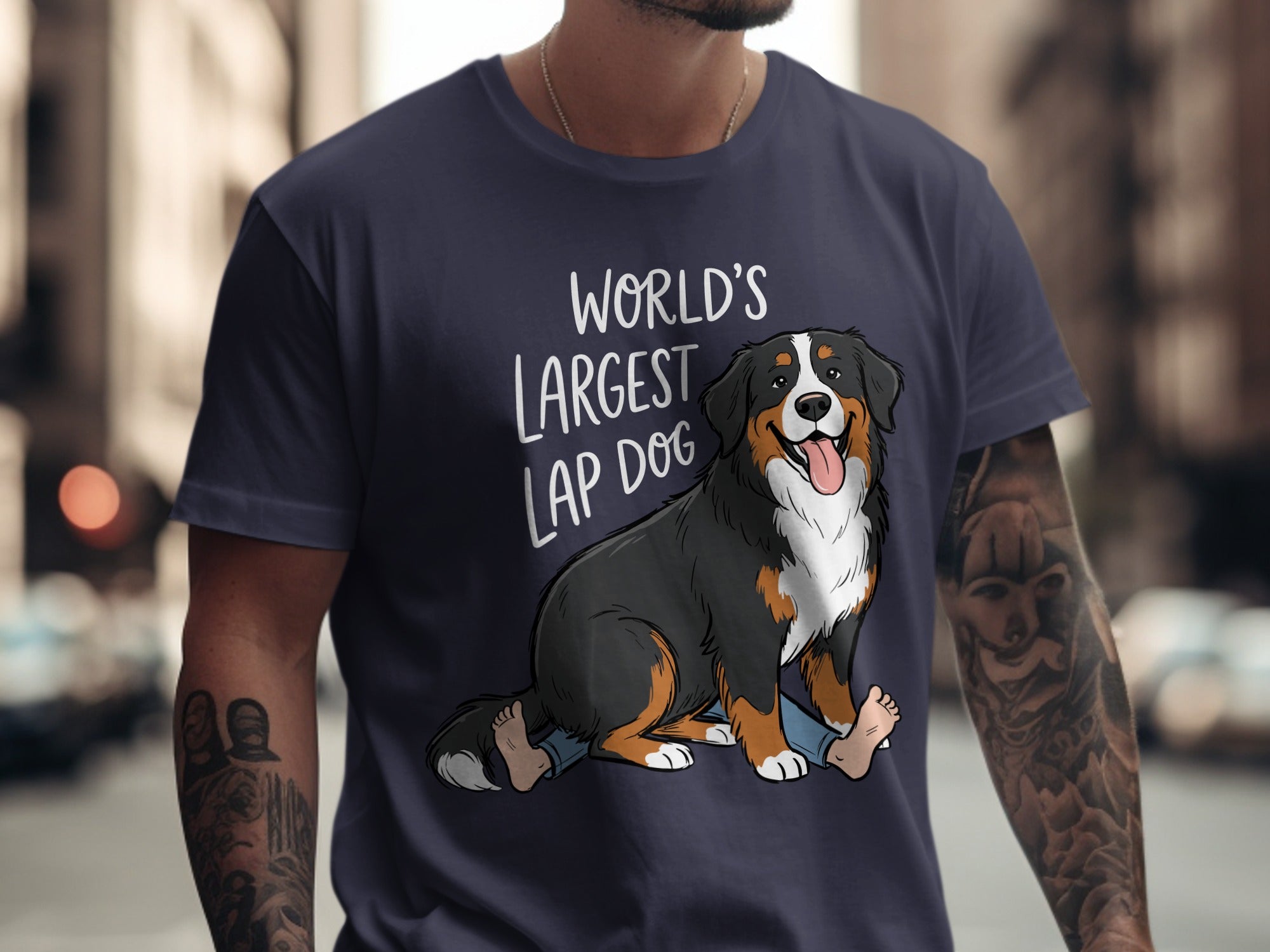Dark t-shirt with cartoon Bernese Mountain Dog and text "World's Largest Lap Dog".