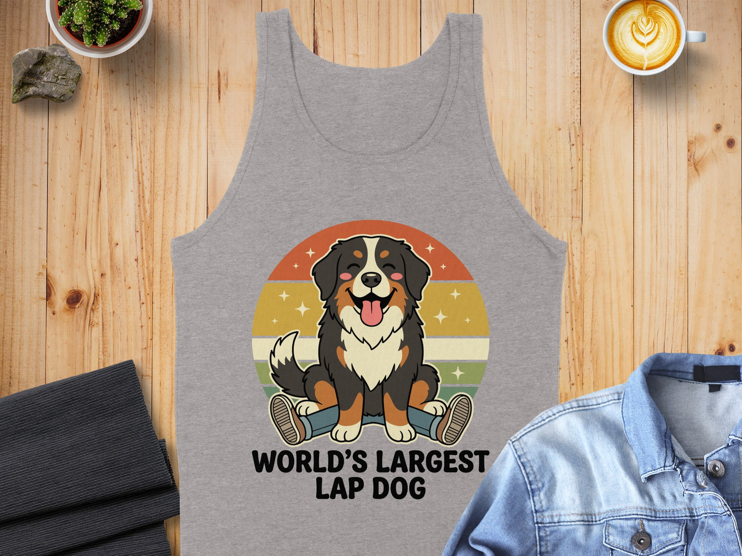 Grey tank top with cartoon Bernese Mountain Dog and text "WORLD'S LARGEST LAP DOG".