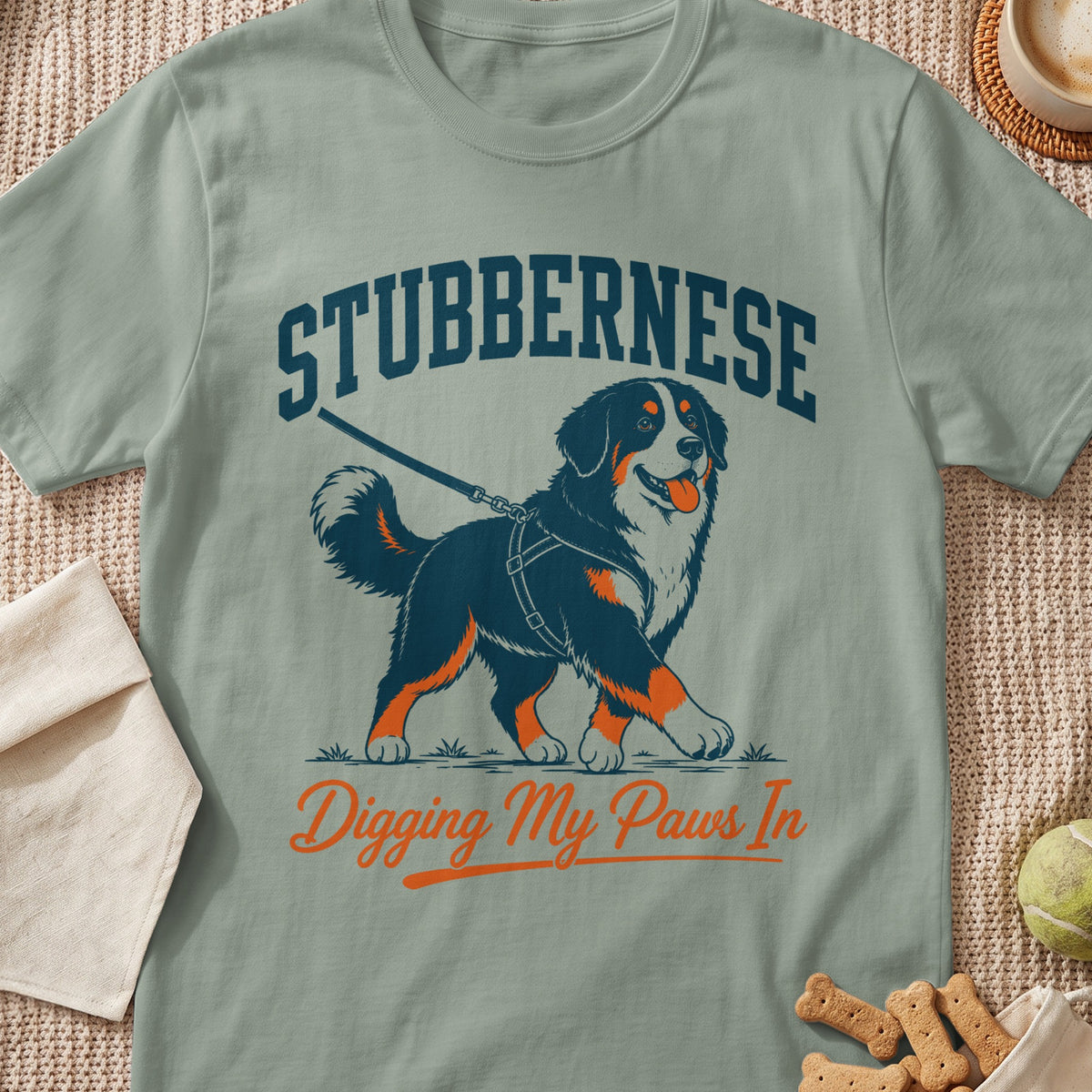 Bernese Mountain Dog graphic with text "STUBBERNESE Digging My Paws In".