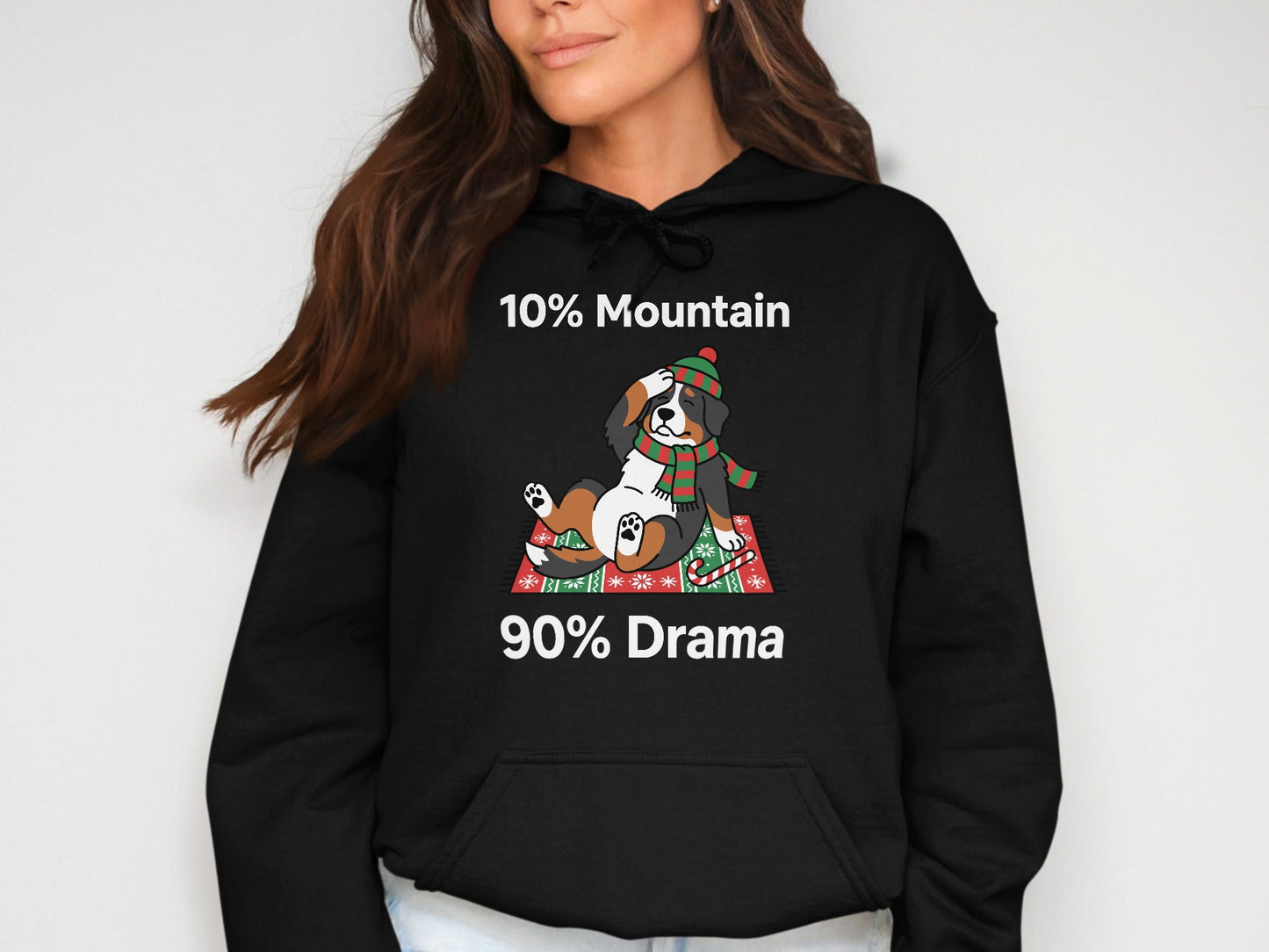 Black hoodie with Bernese Mountain Dog graphic and "10% Mountain 90% Drama" text.