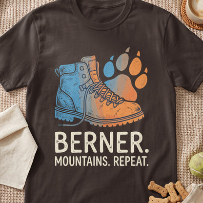 Hiking boot and paw print graphic with text "BERNER. MOUNTAINS. REPEAT."