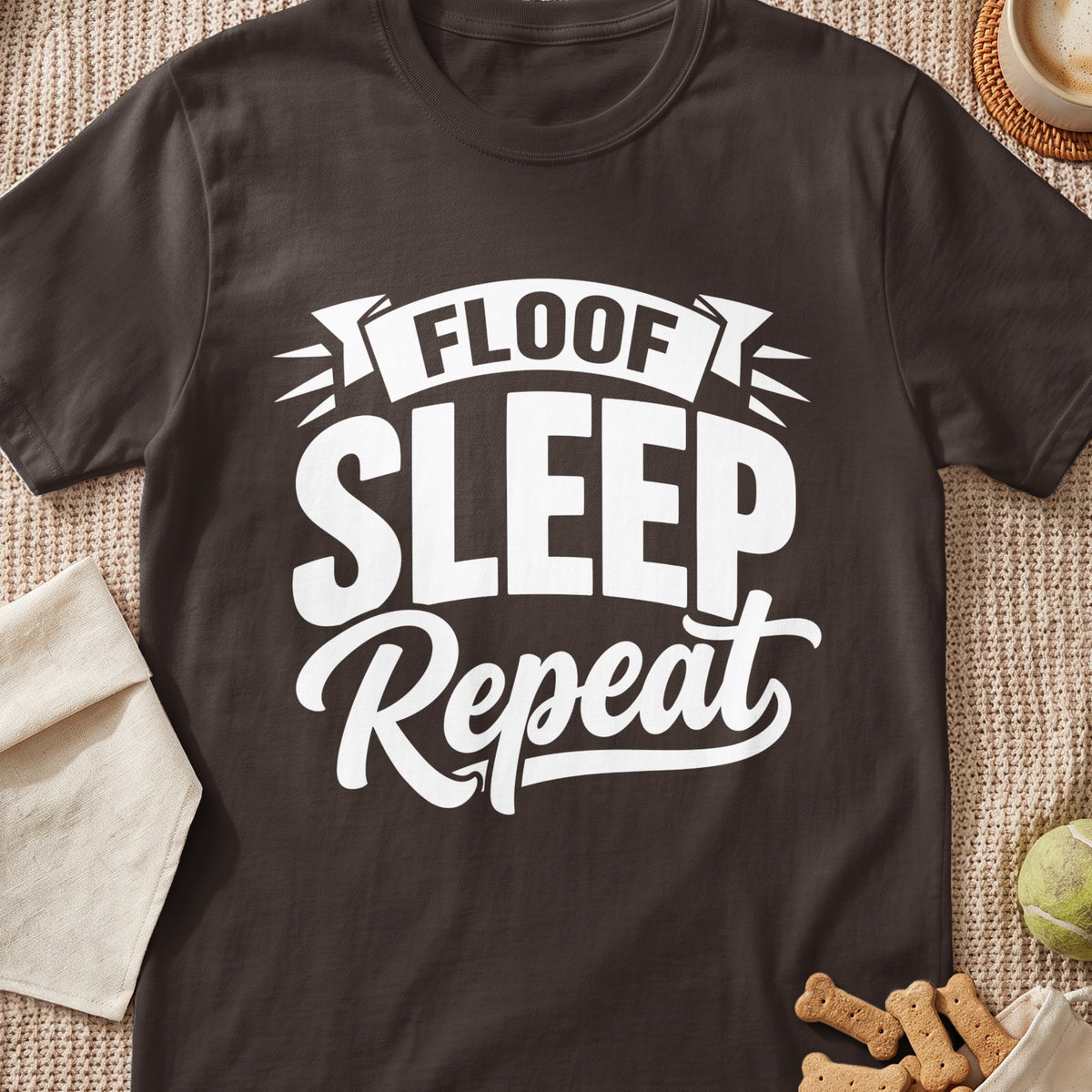 Dark brown t-shirt with white text: "Floof Sleep Repeat"