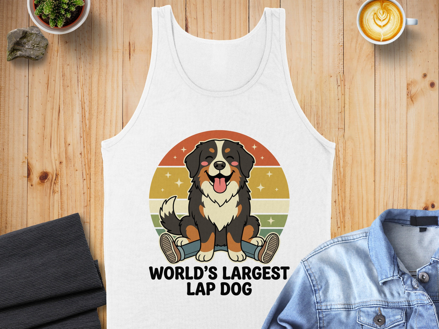 White tank top with a cartoon Bernese Mountain Dog and "WORLD'S LARGEST LAP DOG" text.
