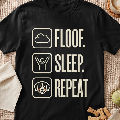 Black t-shirt with "Floof. Sleep. Repeat." text and dog icon.