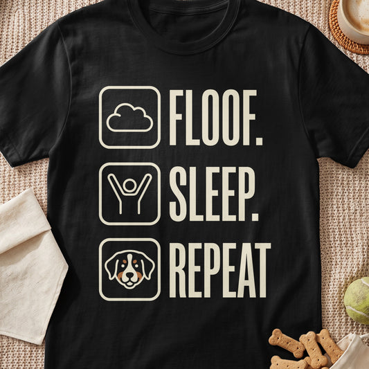 Black t-shirt with "Floof. Sleep. Repeat." text and dog icon.