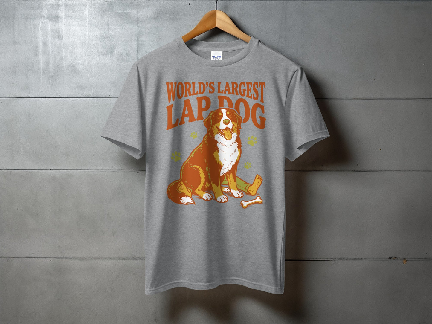 Grey t-shirt with text "World's Largest Lap Dog" and a Bernese Mountain Dog illustration.