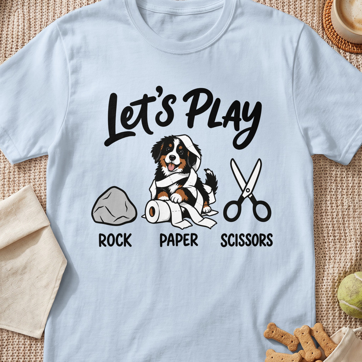 Light blue shirt with "Let's Play Rock Paper Scissors" and dog graphic.