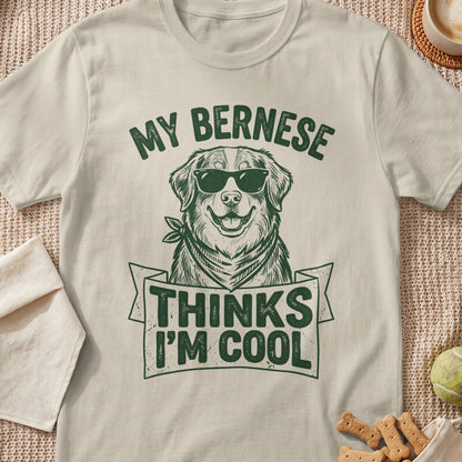 T-shirt with Bernese dog wearing sunglasses and bandana, text "MY BERNESE THINKS I'M COOL".