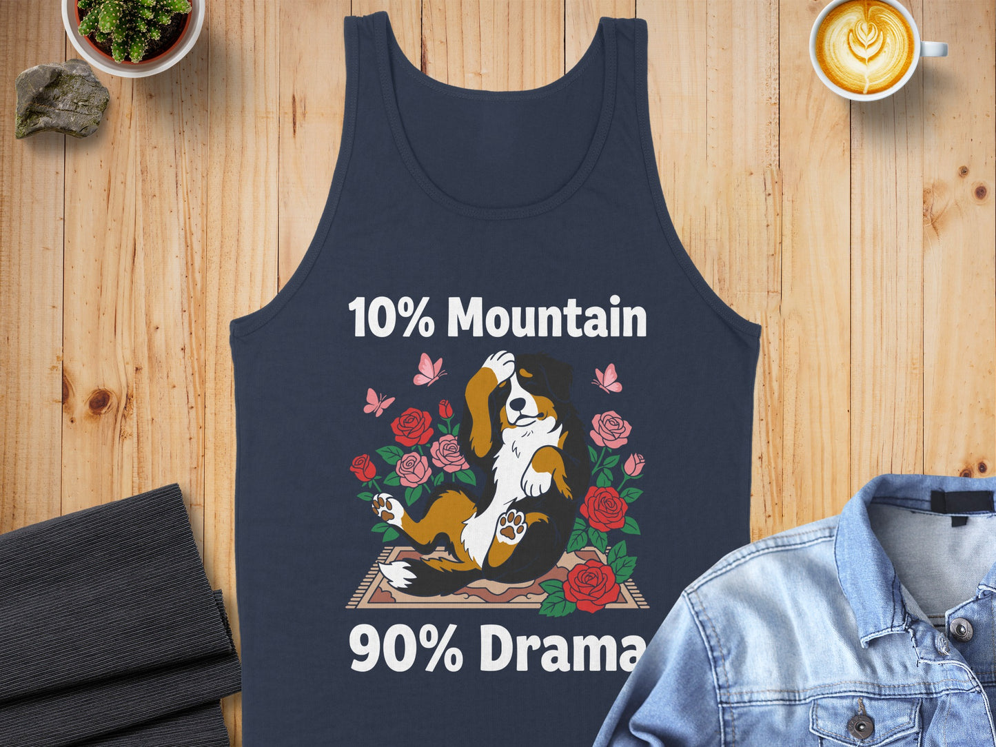 Navy tank top with Bernese Mountain Dog graphic, butterflies, roses, and text "10% Mountain 90% Drama".