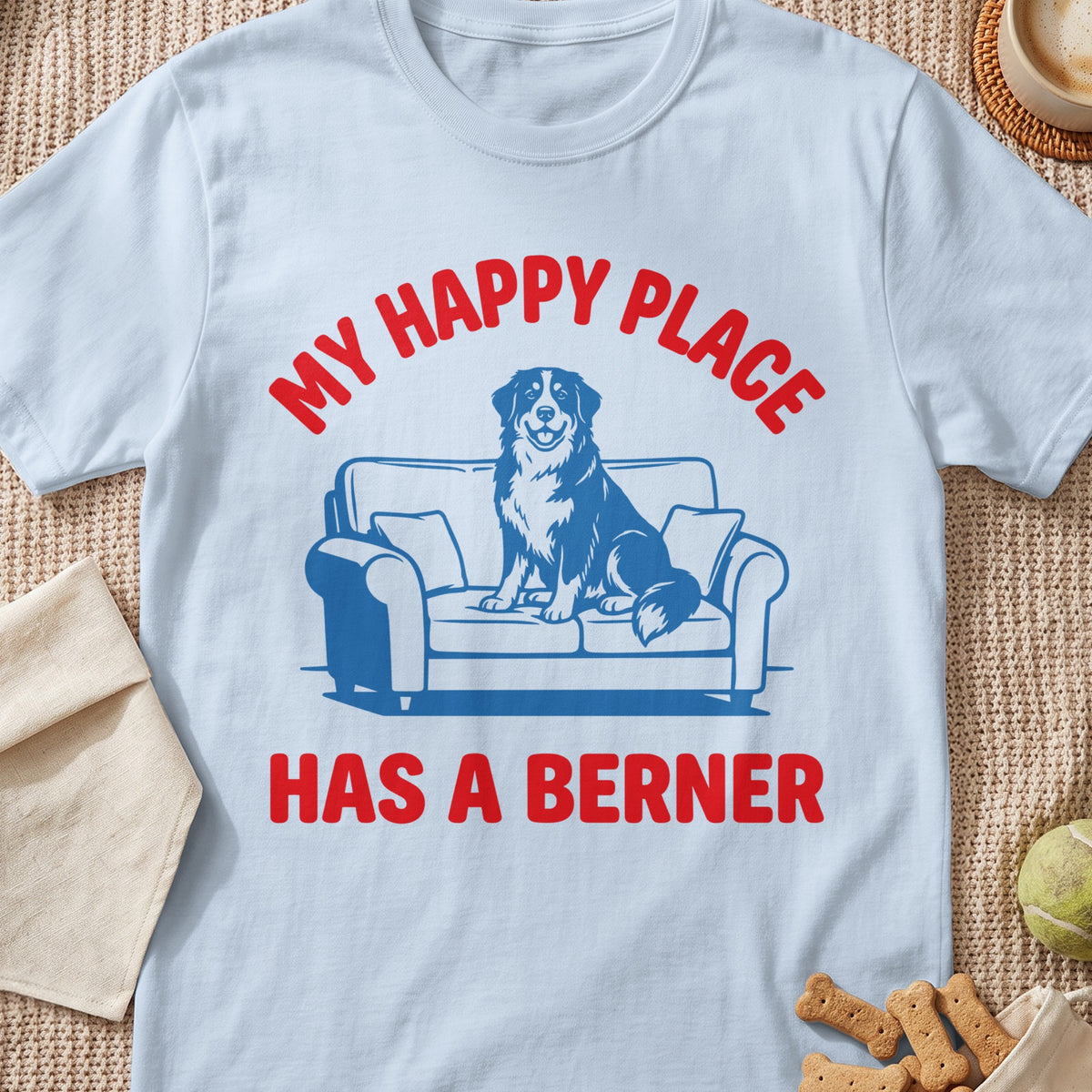 Bernese Mountain Dog on couch graphic with text "MY HAPPY PLACE HAS A BERNER".
