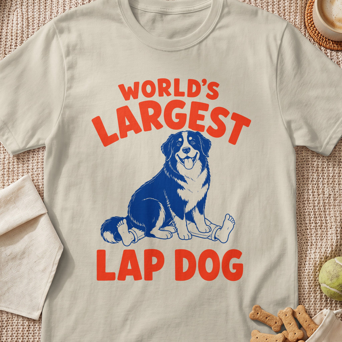 Cream t-shirt with "World's Largest Lap Dog" text and blue dog illustration.