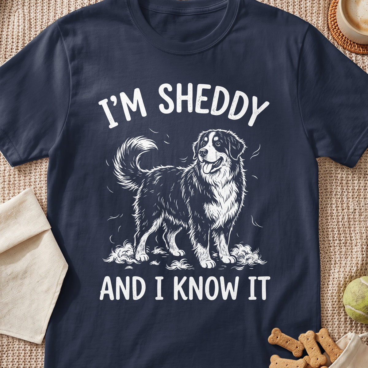 Dark blue shirt with white text "I'M SHEDDY AND I KNOW IT" and dog illustration.