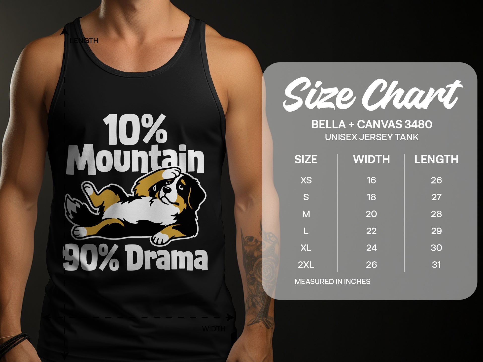Black tank top with "10% Mountain 90% Drama" and dog graphic, includes size chart.