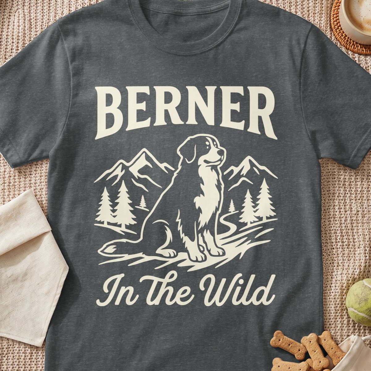 Dark gray t-shirt with "BERNER In The Wild" text and a dog in a mountain landscape.