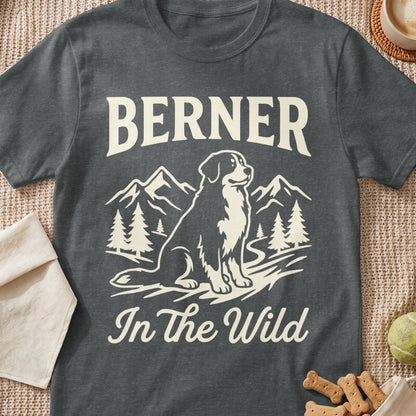 Dark gray t-shirt with "BERNER In The Wild" text and a dog in a mountain landscape.