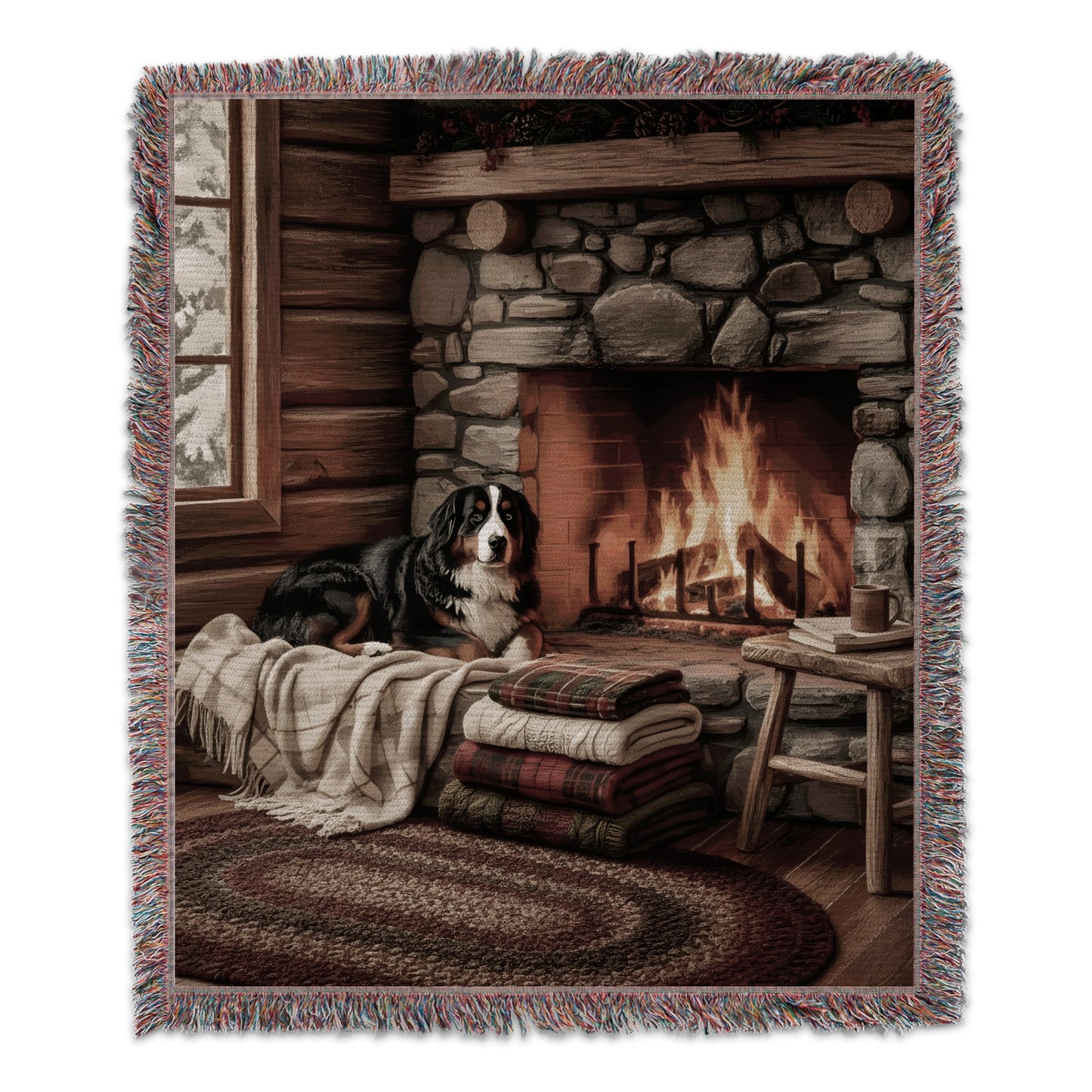 Cozy Mountain Cabin Fireplace Scene Tapestry Blanket