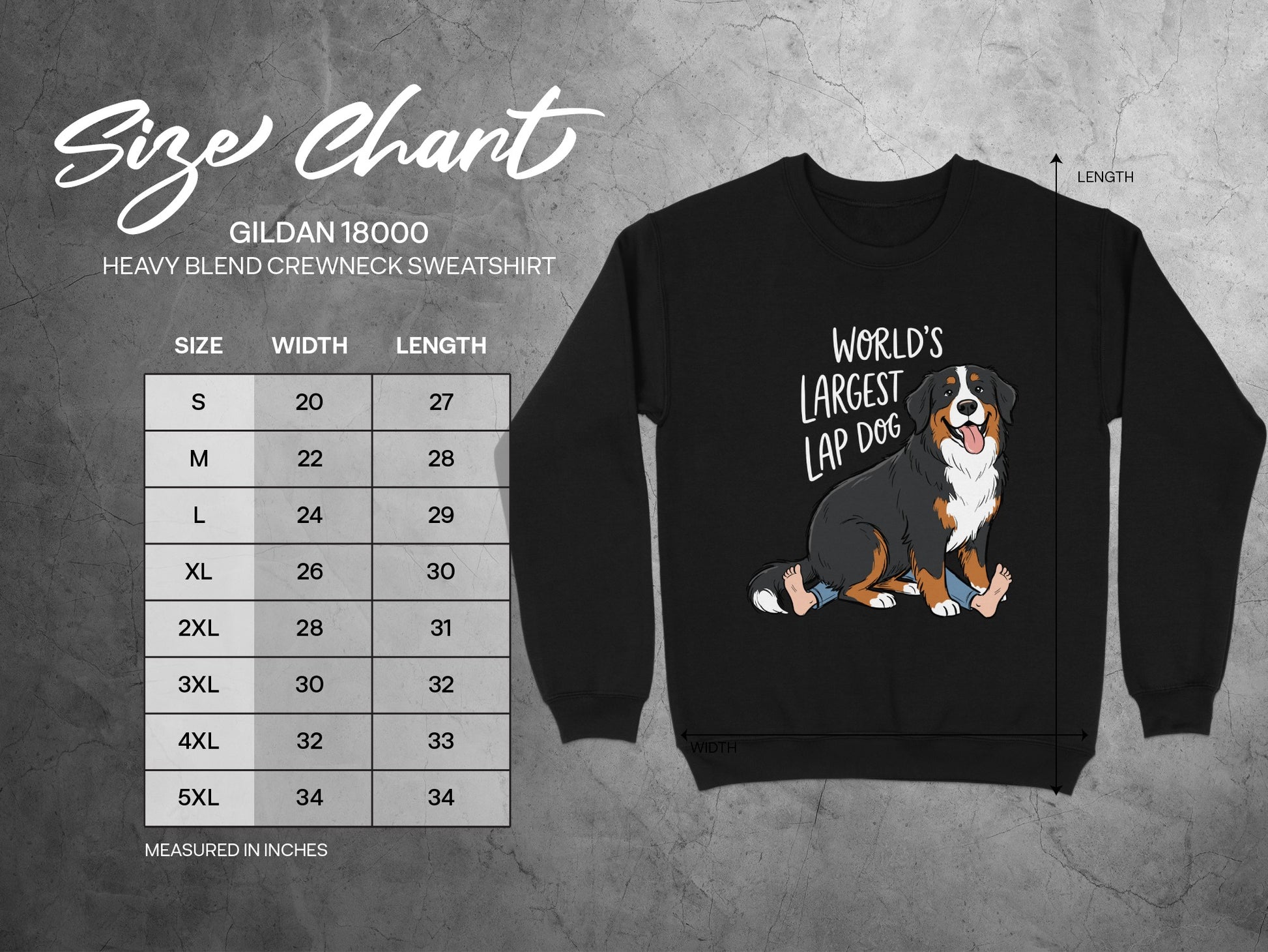 Gildan 18000 sweatshirt size chart with a Bernese Mountain Dog graphic.