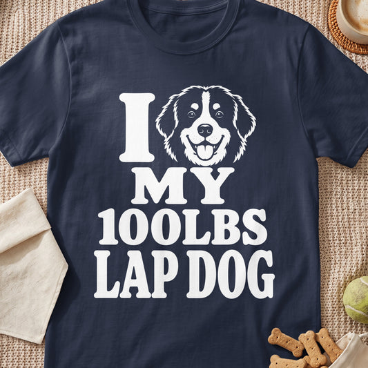Navy t-shirt with white text and a dog graphic: "I ♡ MY 100LBS LAP DOG".