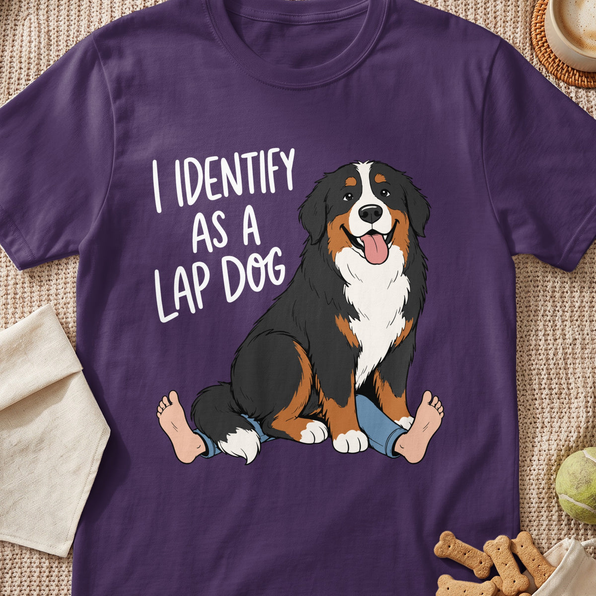 Purple t-shirt with white text "I IDENTIFY AS A LAP DOG" and a Bernese Mountain Dog illustration.