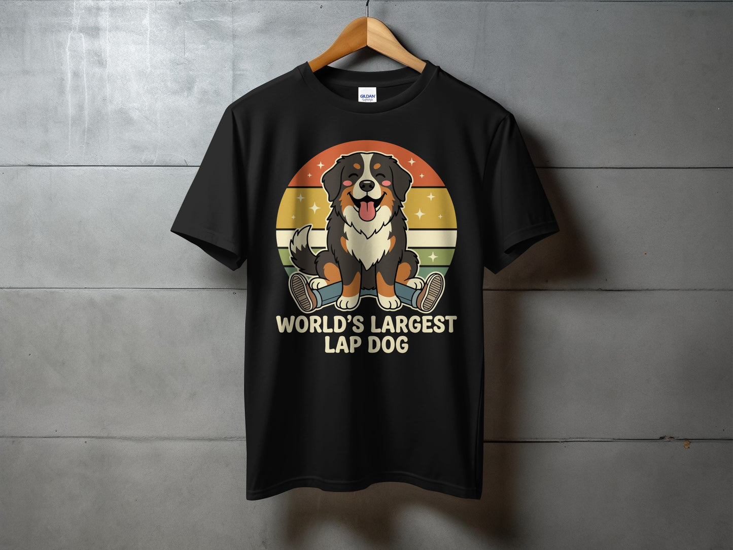 Black t-shirt with cartoon Bernese Mountain Dog and text "WORLD'S LARGEST LAP DOG".