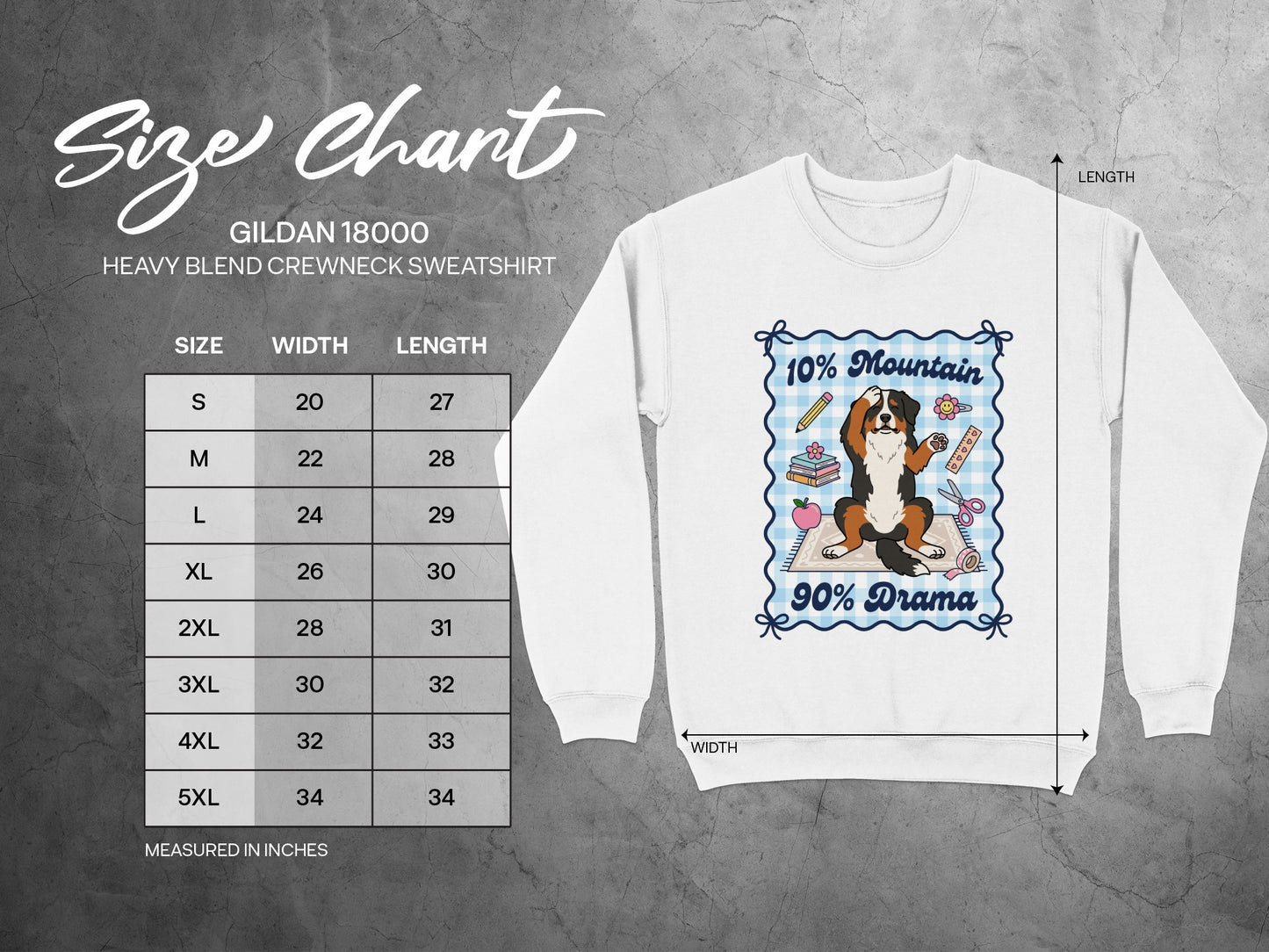 Gildan 18000 sweatshirt size chart with width and length measurements in inches.