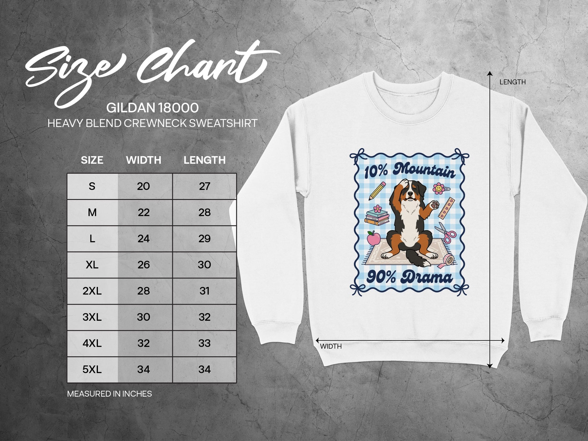 Gildan 18000 sweatshirt size chart with width and length measurements in inches.