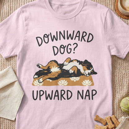 Pink t-shirt with "DOWNWARD DOG? UPWARD NAP" text and a sleeping dog graphic.