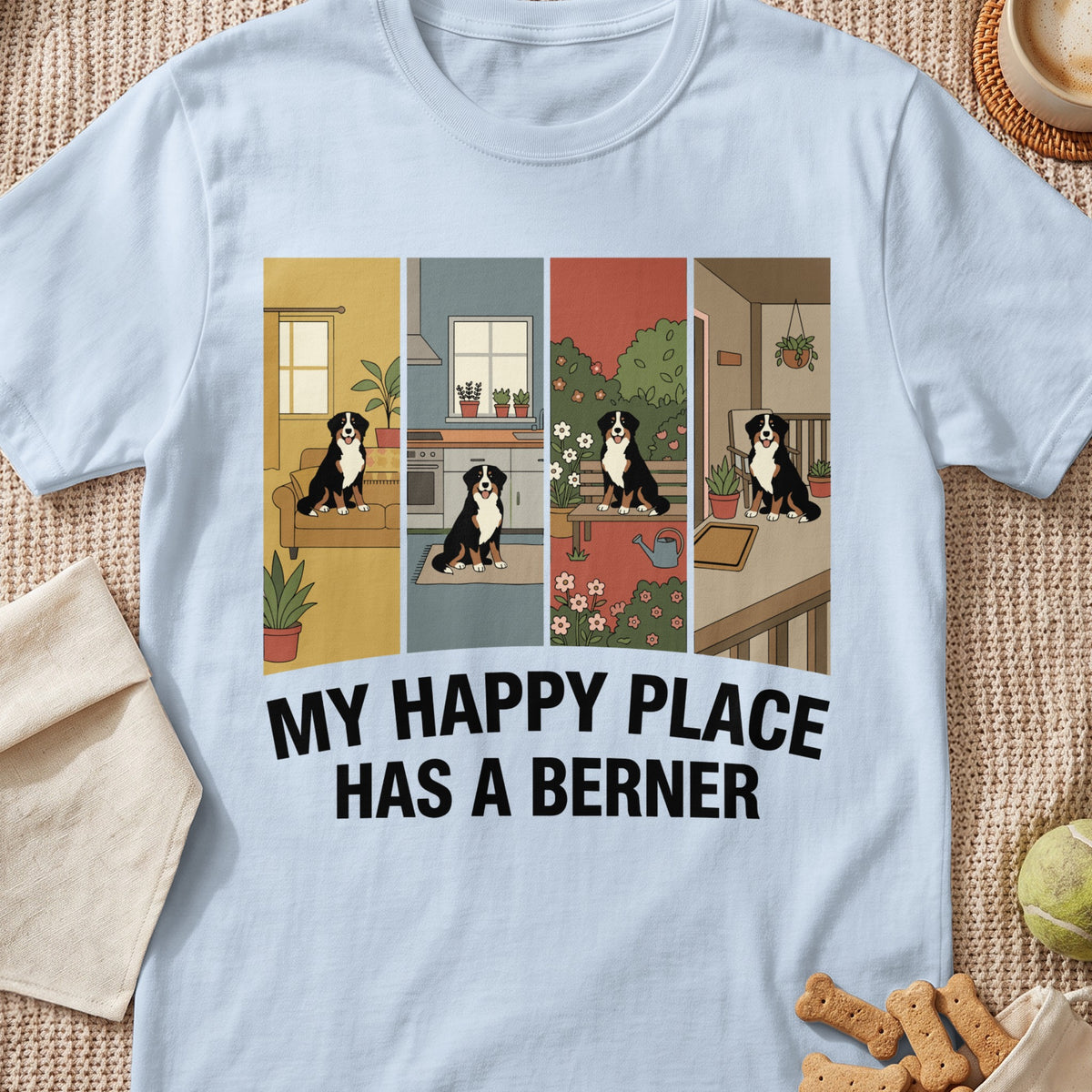 T-shirt with four panels of Bernese Mountain Dogs and the text "MY HAPPY PLACE HAS A BERNER".
